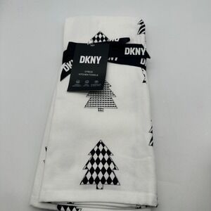 PACK OF 2 DKNY KITCHEN TOWELS TREES BLACK WHITE 100% COTTON 18 X 28 NWT